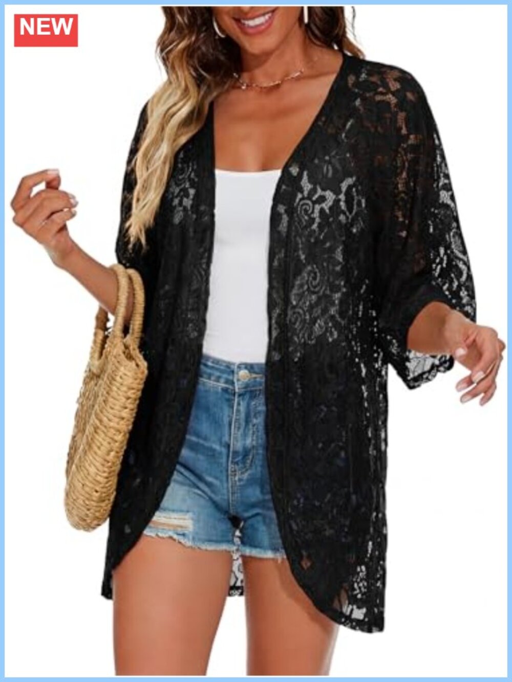 Womens Lace Kimono Cardigan Swimsuit Cover Up 3/4 Bell Sleeve Open Front